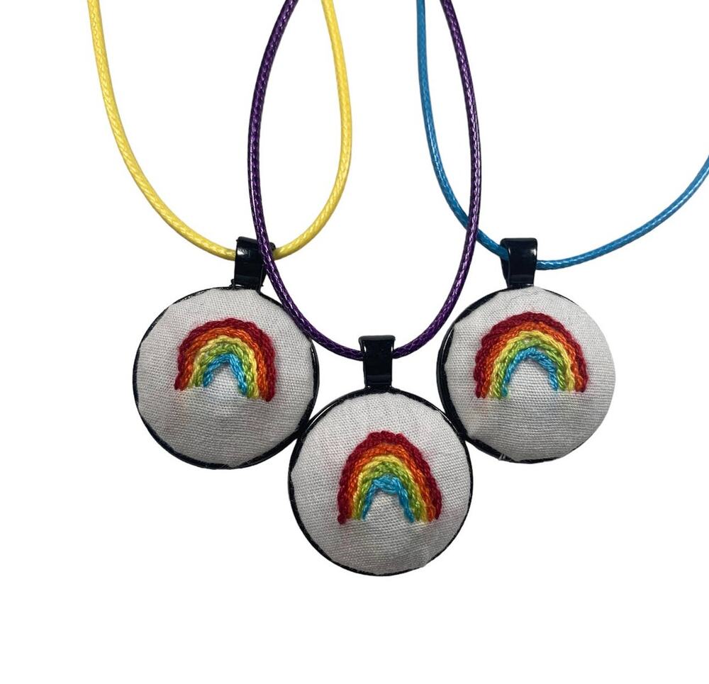 BUNDLE OF 3 Handmade Rainbow Embroidery Necklace in 1” Round Bezel